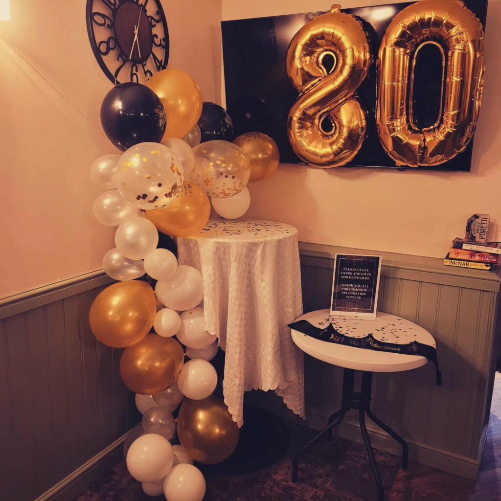 80th birthday balloon display in the Orangery